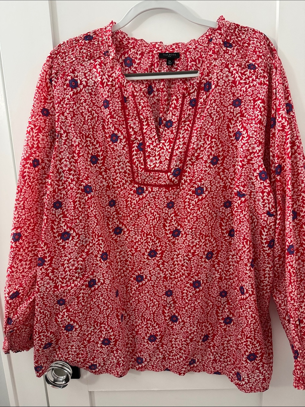 Talbots Red Floral Blouse with Navy Accents